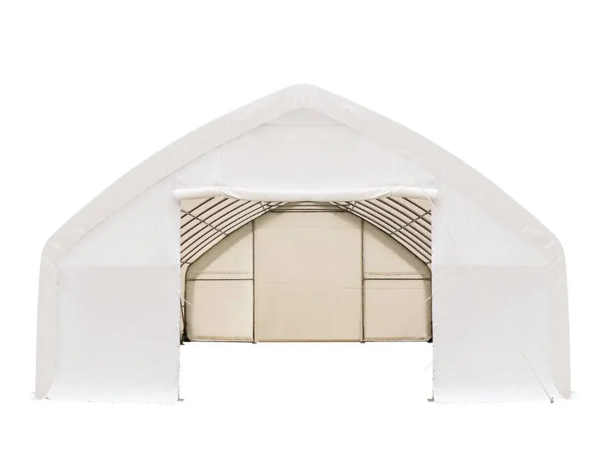 30' x 50' Straight Wall Peak Ceiling Storage Shelter with Heavy Duty 11 oz PE Cover & Drive Through Doors