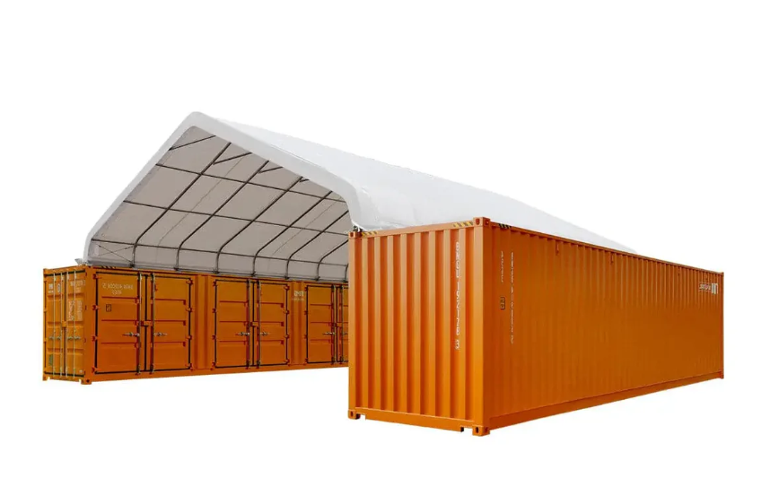 30' x 40' PE Fabric Pro Series Container Peak Roof Shelter, Fire Retardant, 10' Ceiling Height, UV Protected