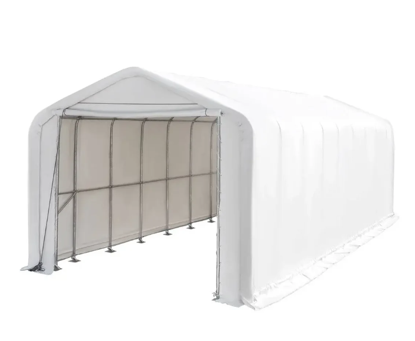 18’ x 45’ RV/Motorhome Storage Shelter, 17 oz PVC Fabric Cover, Front Roll-Up Door, Enclosed Rear Wall, 3-Layer Galvanized Steel Frame, 13’ Straight Sidewalls