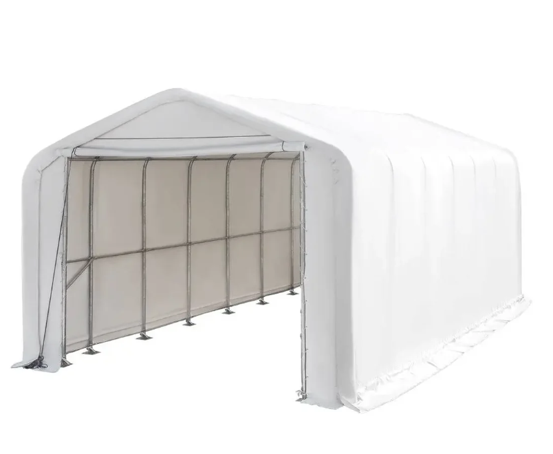 18’ x 30’ RV/Motorhome Storage Shelter, 17 oz PVC Fabric Cover, Front Roll-Up Door, Enclosed Rear Wall, 3-Layer Galvanized Steel Frame, 13’ Straight Sidewalls