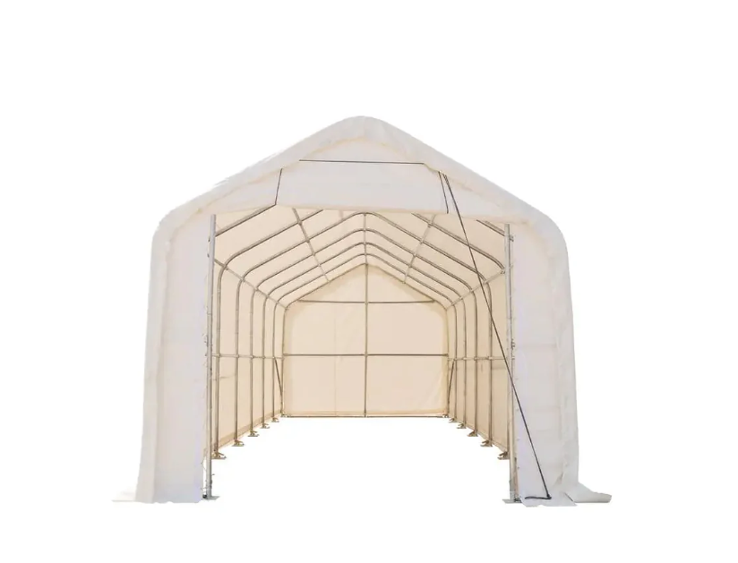15’ x 35’ RV/Motorhome Storage Shelter, 17 oz PVC Fabric Cover, Front Roll-Up Door, Enclosed Rear Wall, 3-Layer Galvanized Steel Frame, 10’ Straight Sidewalls