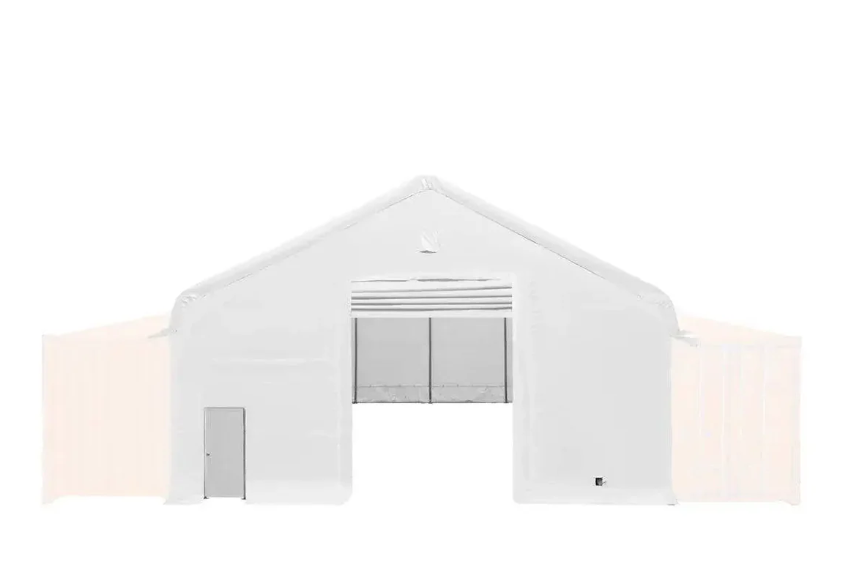 Front & Back End Wall Kit, Custom Cut for TMG-ST3041CE Container Peak Roof Shelter Pro Series, Front wall with mechanical rollup door, Steel Man Door, Rear closed wall, 11 oz PE
