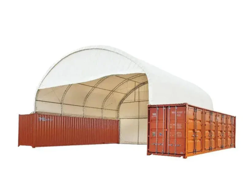 40' x 40' Dual Truss Container Shelter with Heavy Duty 21 oz PVC Cover, Enclosed End Wall & Front Drop