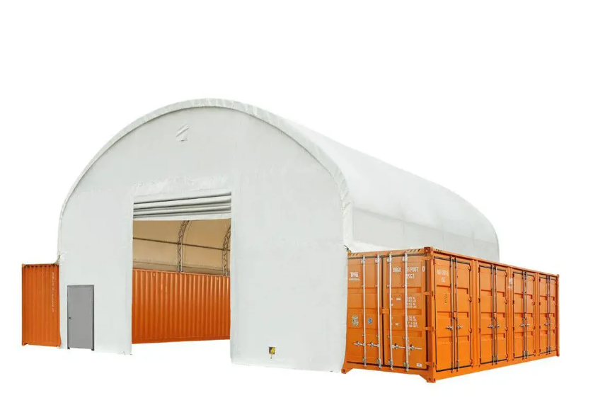 40' x 40' Dual Truss Container Shelter with Heavy Duty 21 oz PVC Cover, Fully Enclosed front and back endwalls