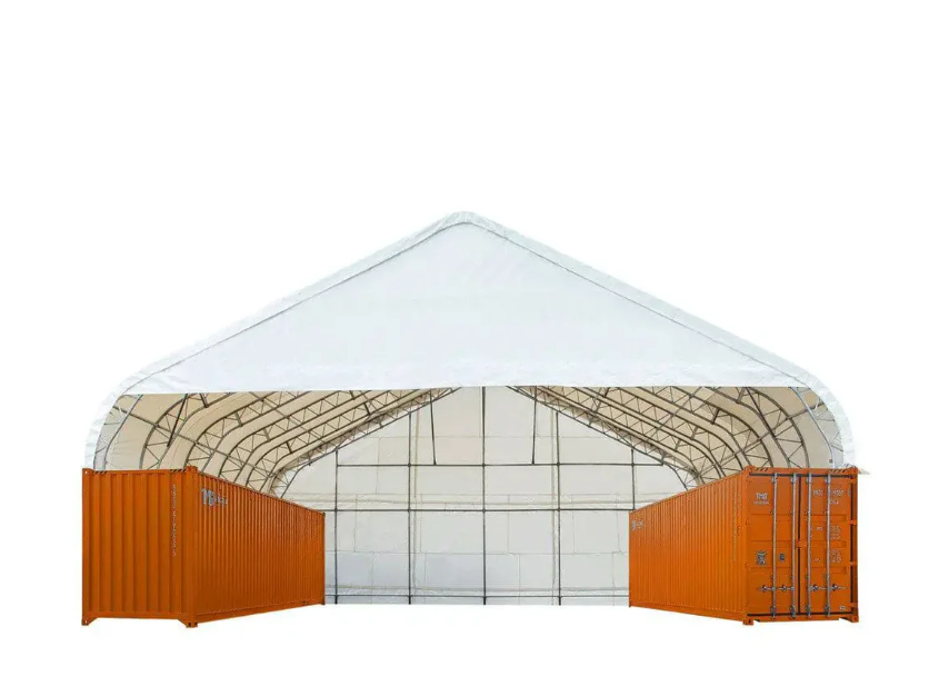 Pro Series 50' x 40' Dual Truss Container Shelter with Heavy Duty 32 oz PVC Cover, Enclosed End Wall and Front Drop