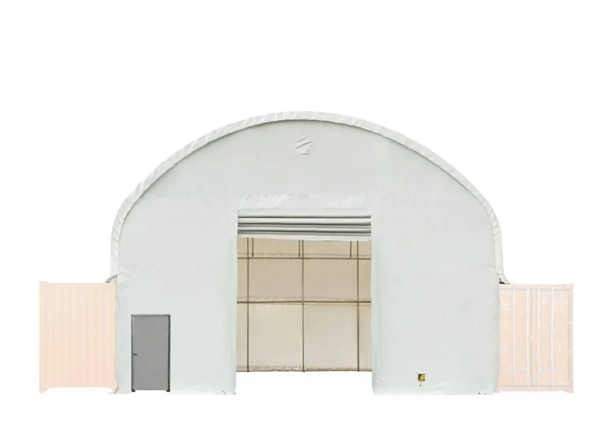 Front & Back End Wall Kit, Custom Cut for TMG-DT4041C Dual Truss Container Shelter, Front Winch Roll-up Door, Steel Man Door, 21 oz PVC