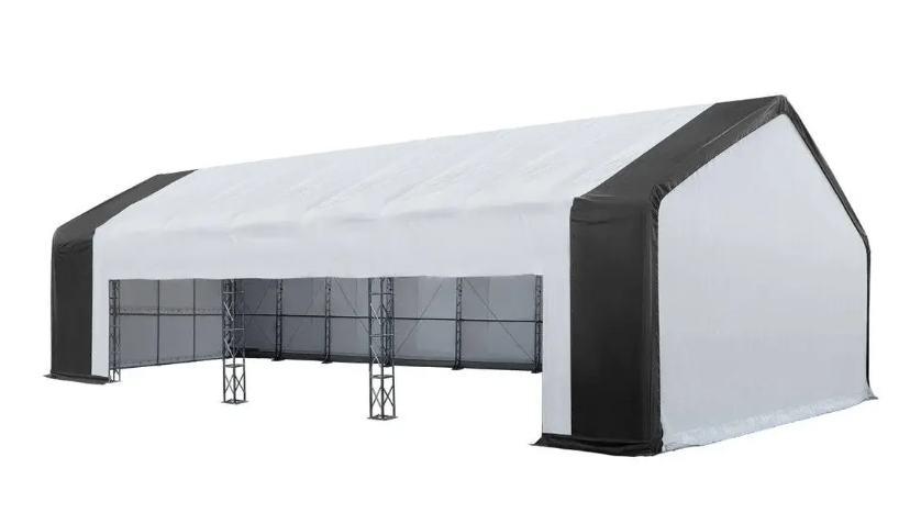80’ x 33’ Dual Truss Storage Shelter Workshop, (3) 19’ Wide Drive-Through Openings, Scaffolding-Style Door Frame Support
