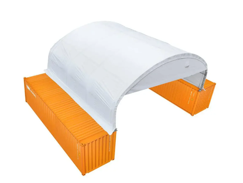 30' x 20' Dual Truss Container Shelter with Heavy Duty 17 oz PVC Cover, Enclosed End Wall & Front Drop