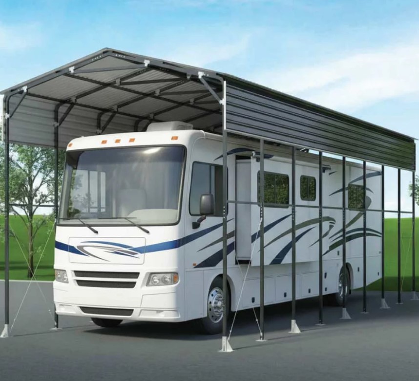 14' x 40' Metal Shed Shelter for Class-A RV, 16'2" Peak Height, 15' Inner Clearance, 14'1" Open Sidewalls