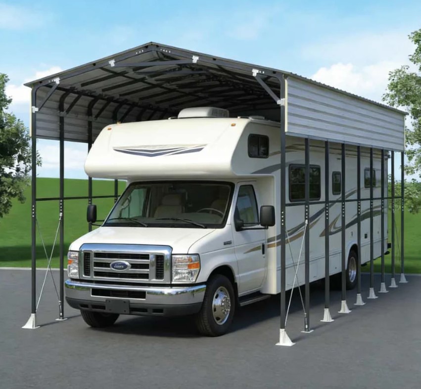 14' x 30' Metal Shed Shelter for Class-B RV, 16'2" Peak Height, 15' Inner Clearance, 14'1" Open Sidewalls