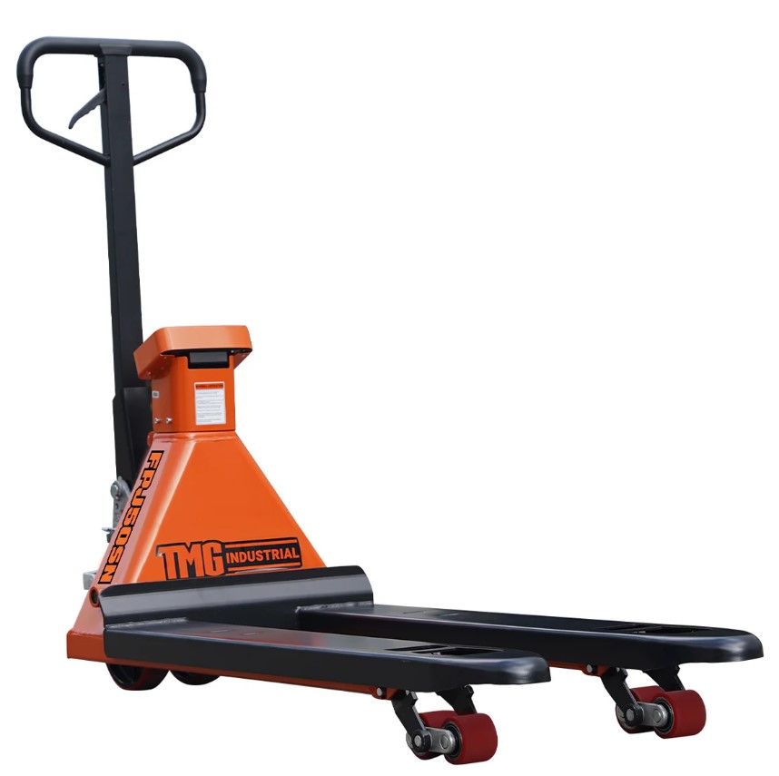 5000-lb Narrow Pallet Jack Truck w/Scale, 210° Steering Arc, 45" Forks, 2" LCD Display