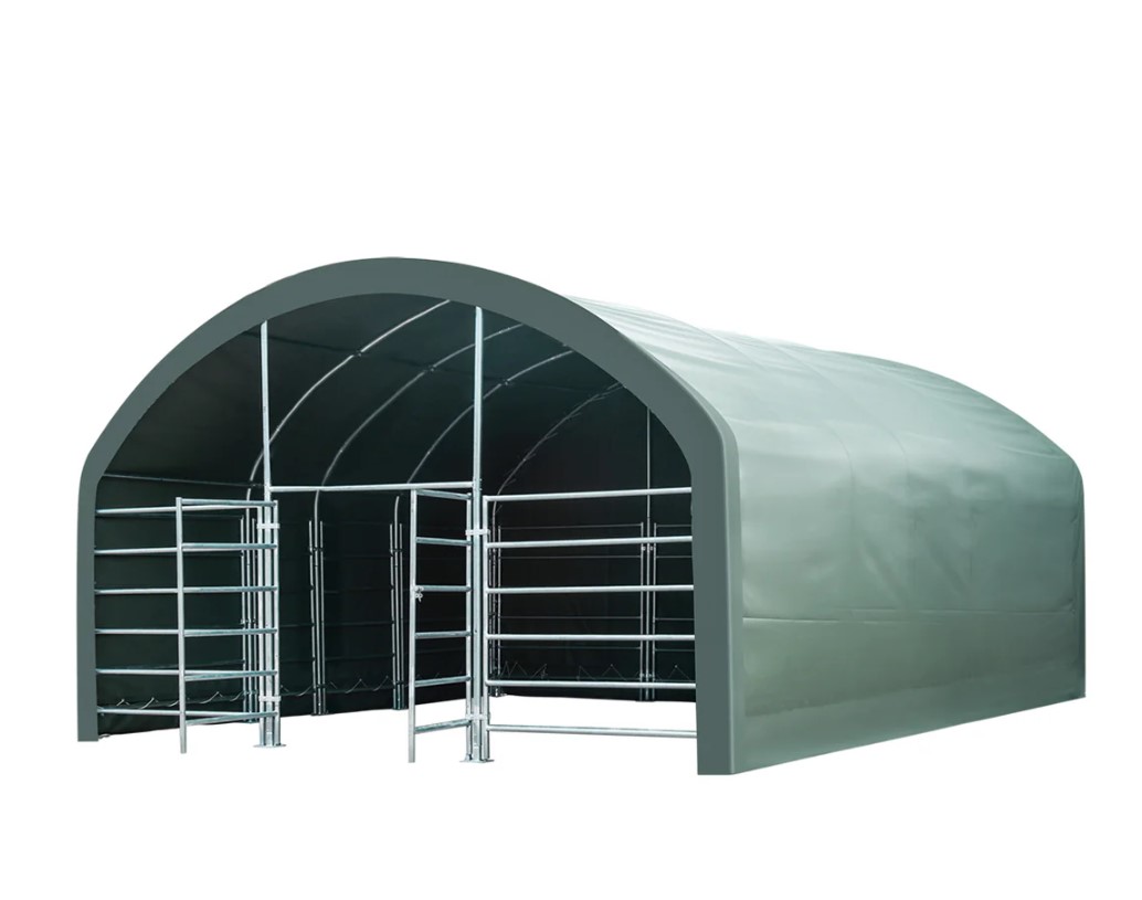 TMG Heavy Series™ 20' x 20' Livestock Corral Shelter, 12' Dome Roof, 17 oz Military Green PVC Covering, 6-Bar Corral Panels, 5' Front Swing Gate