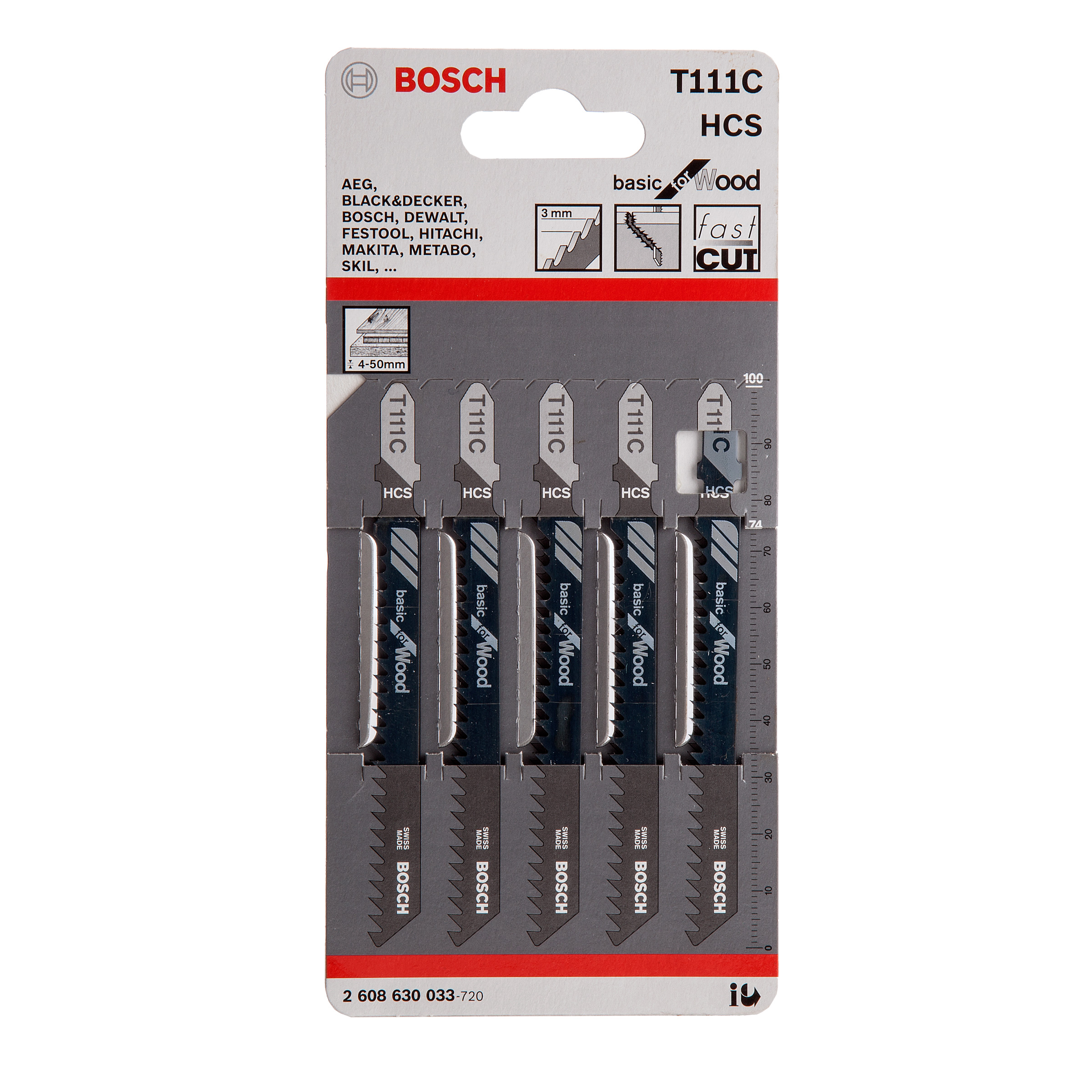 5 pc. 4 In. 8 TPI Basic for Wood T-Shank Jig Saw Blades