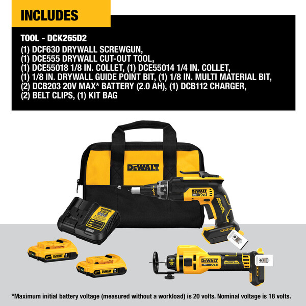 20V MAX* XR® Brushless Drywall Screwgun and Cut-Out Tool Combo Kit (2.0Ah)